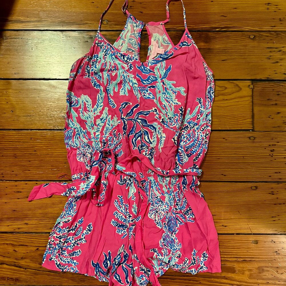 Lilly Pulitzer Dusk Romper Pink Samba Womens Sz M Beach Preppy Colorful Tropical